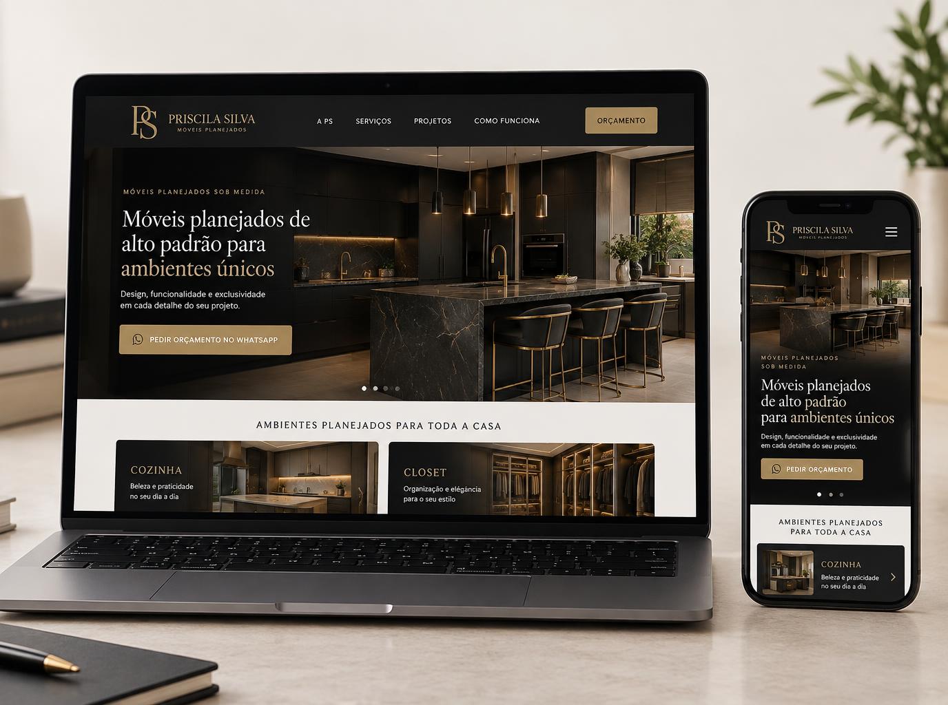Site da PS Móveis Planejados exibido em notebook e celular